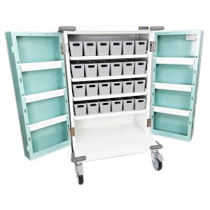 PM650 Original Packaging Drugs Trolley with doors open showing plastic trays