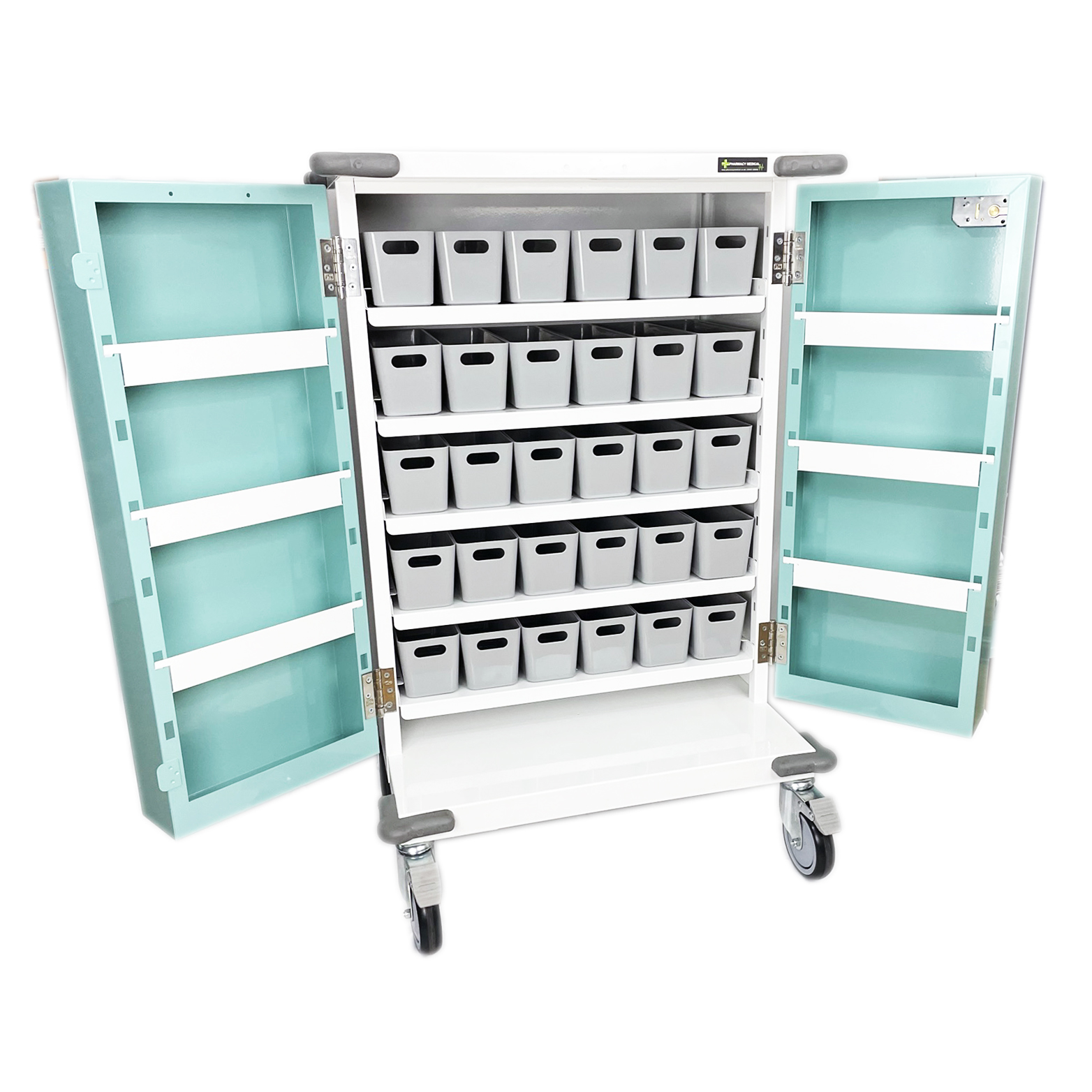PM655 Original Packaging Drugs Trolley with doors open showing plastic trays