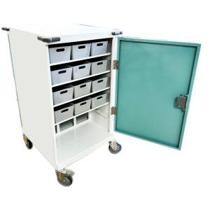 24 Tray original packaging trolley with door open showing side with grey trays