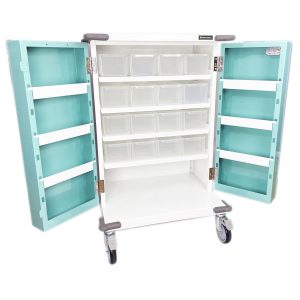 PM700 20 Tray Original Packaging Drugs Trolley with doors open showing clear plastic trays