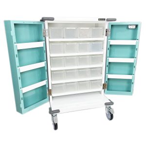 20 Tray Original Packaging Drugs Trolley with doors open showing clear plastic trays