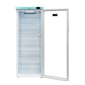 Lec PPGR310BT glass door freestanding pharmacy fridge from the front with the door open