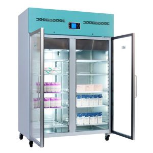 Lec PGR1200 high capacity pharmacy fridge from the front side showing both glass doors open